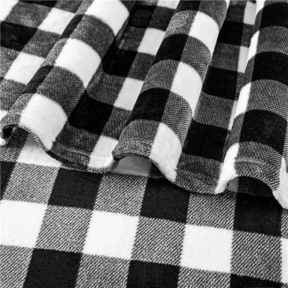 Black and White Buffalo Plaid Fleece Throw Blanket for Couch, Soft Checkered